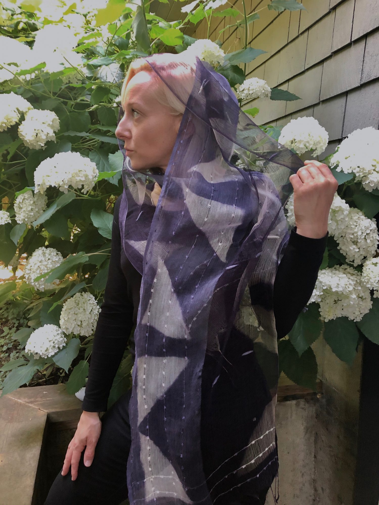 Logwood purple natural dye on silk scarf